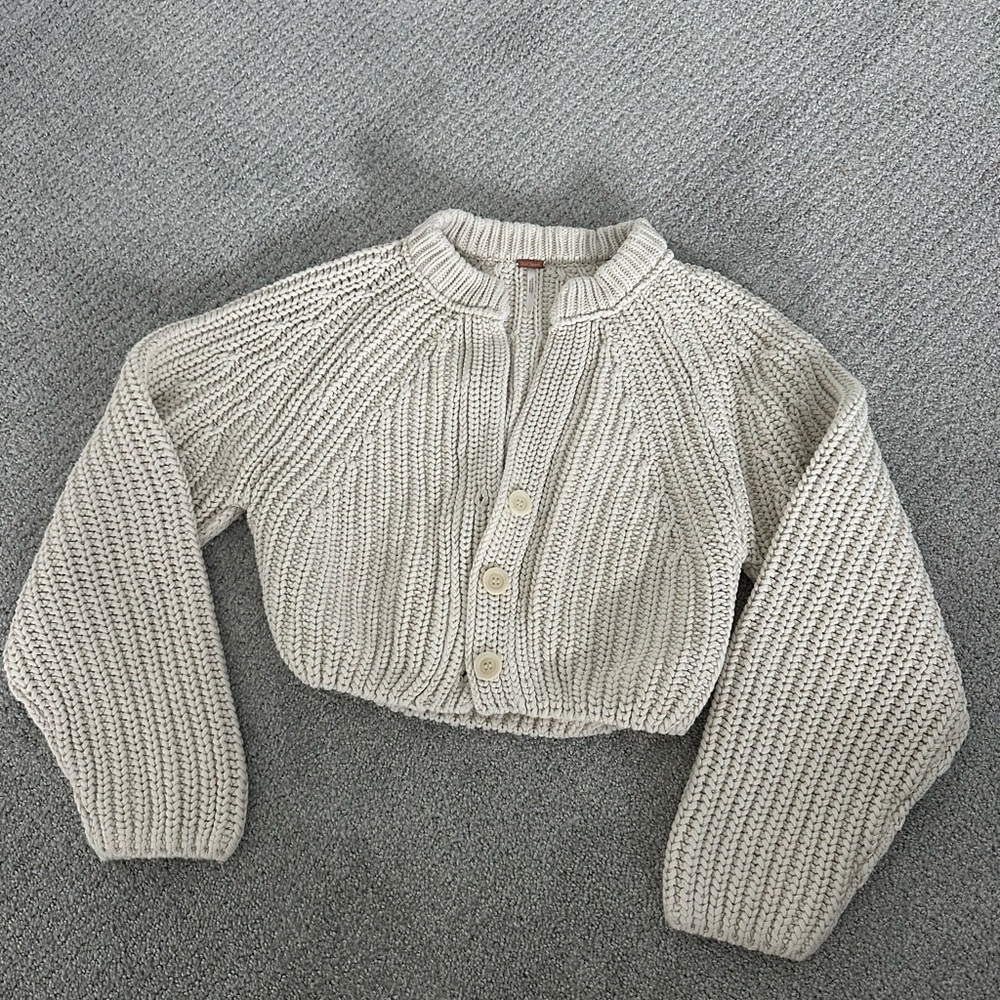 Free People Cropped Cream Knit Cardigan